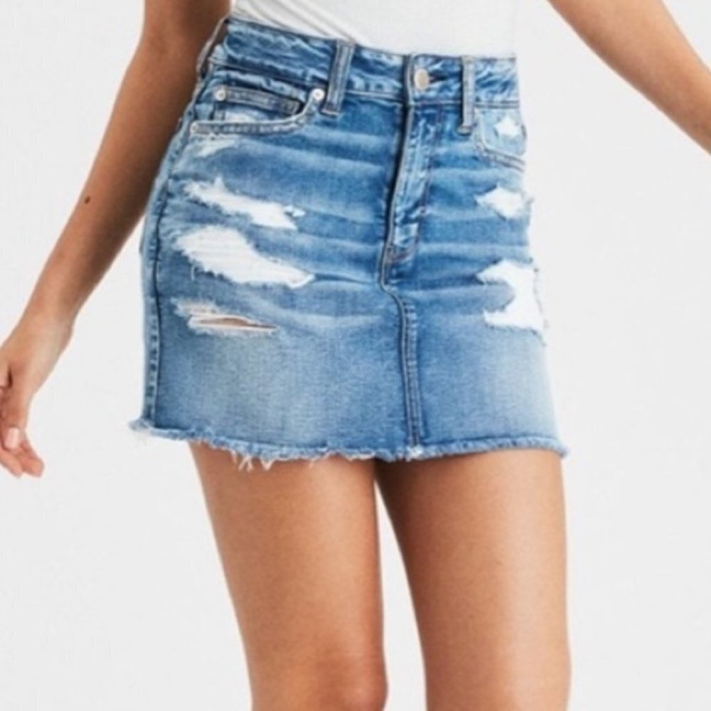 American Eagle Outfitters Distressed Denim Hi-Rise Mini Skirt